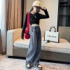 The new wide-leg jeans for the 2022 autumn and winter collection of girls' jeans are stylish, loose and slimming straight-leg pants with fleece Specification image